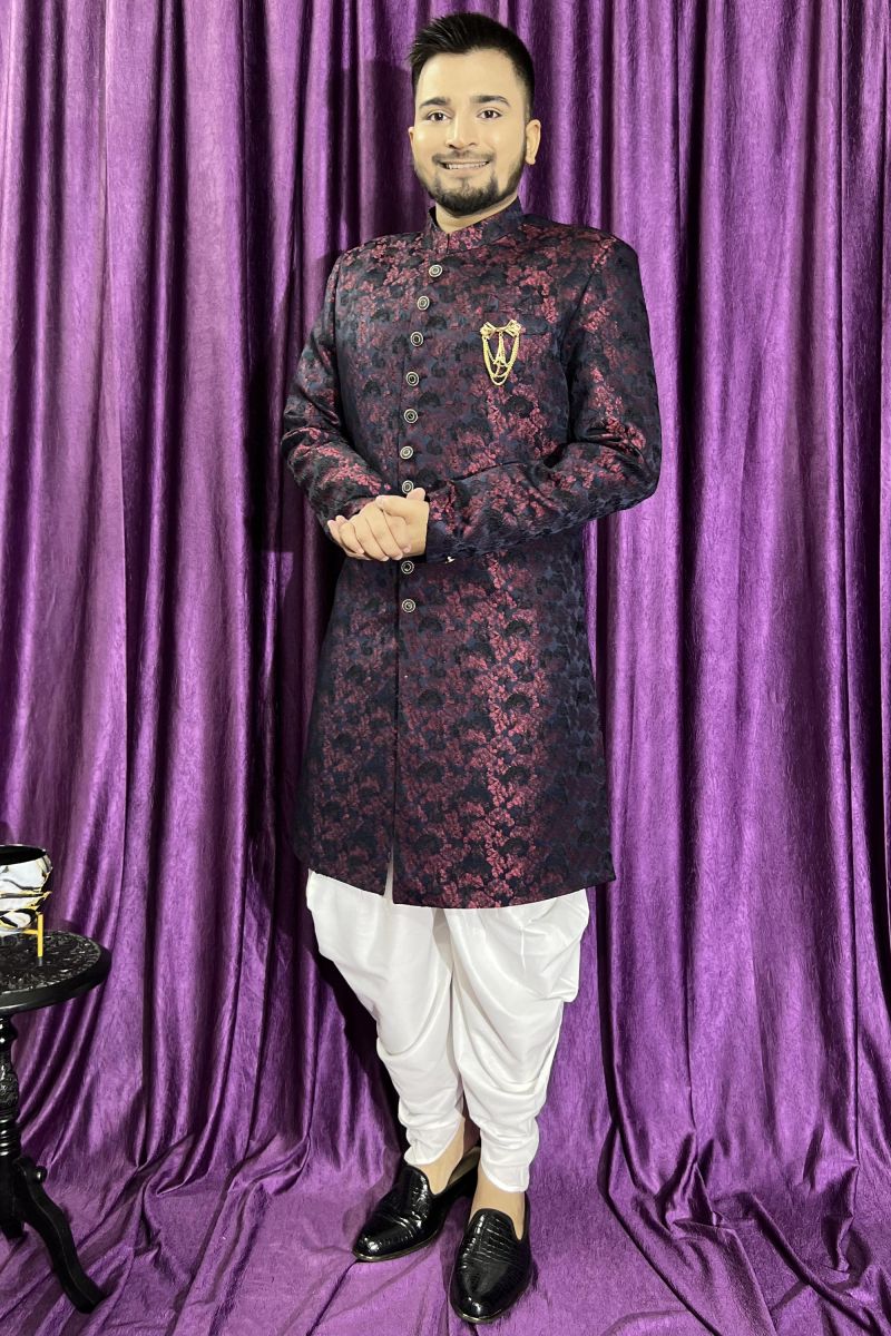 Maroon Color Jacquard Fabric Wedding Wear Readymade Designer Peshawari Style Indo Western For Men