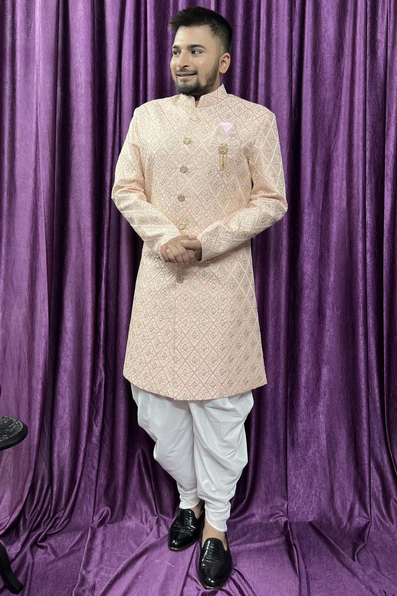 Silk Fabric Peach Color Wedding Wear Fancy Readymade Peshawari Style Indo Western For Men