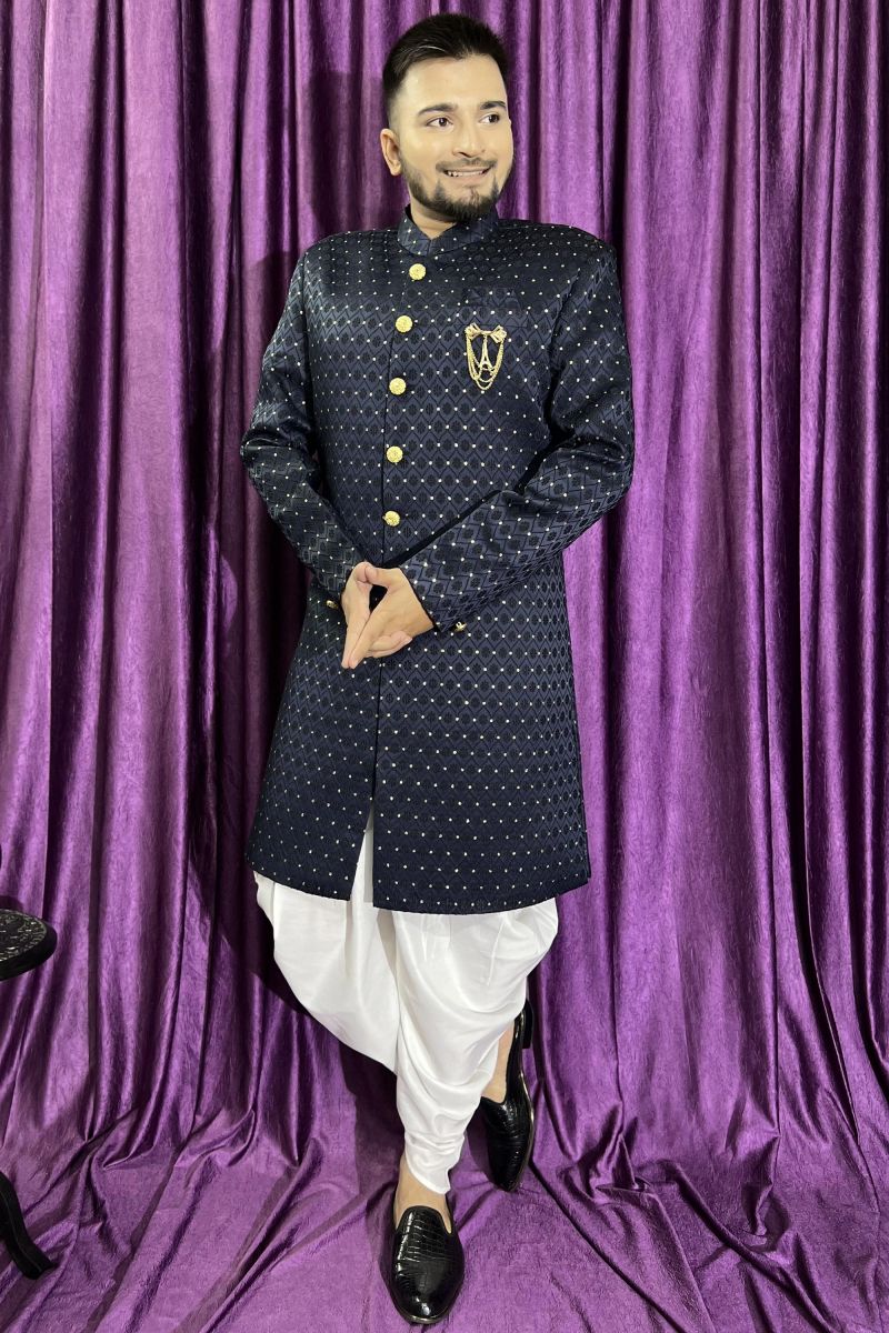 Wedding Wear Jacquard Fabric Readymade Navy Blue Color Peshawari Style Indo Western For Men