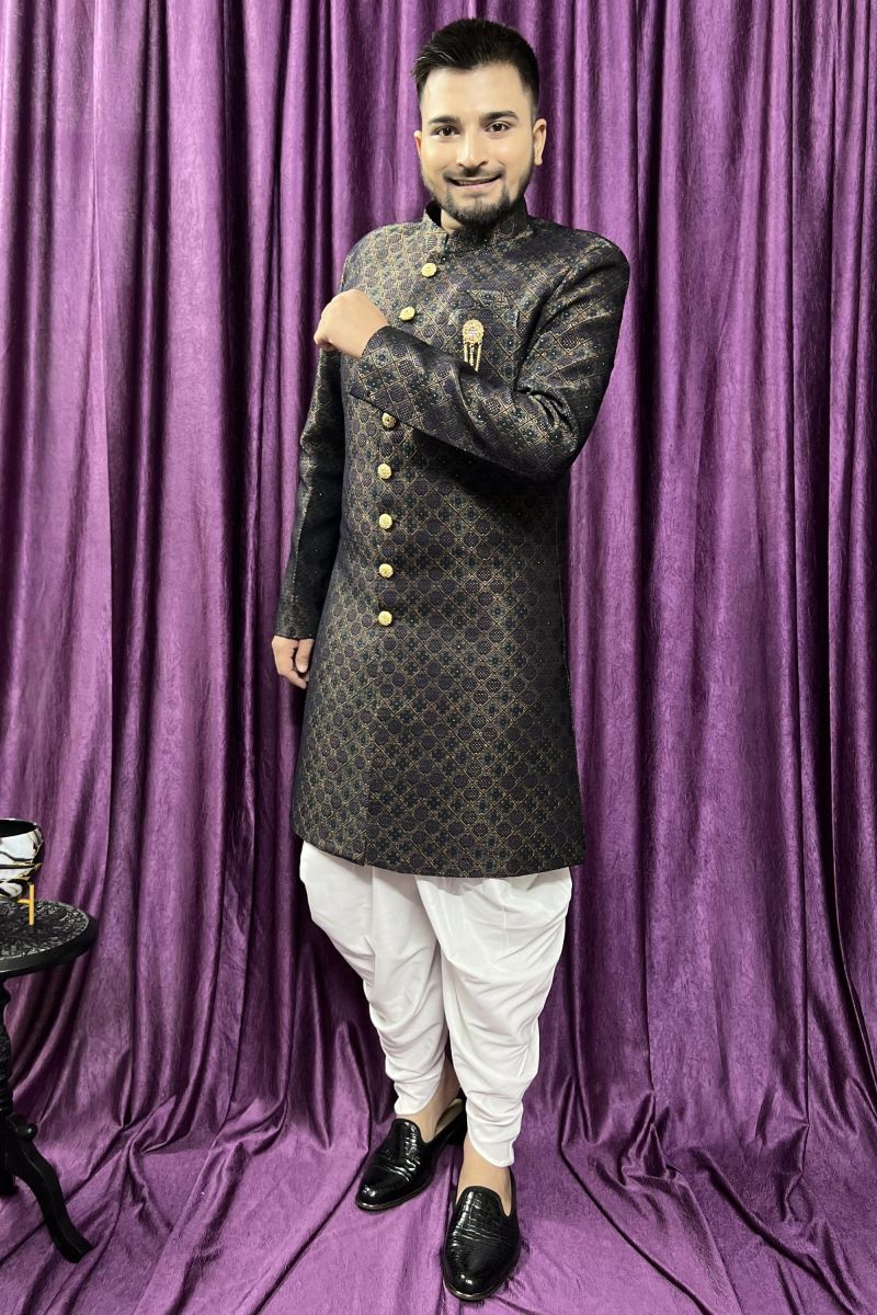 Jacquard Stunning Dark Green Color Wedding Wear Readymade Men Peshawari Style Indo Western