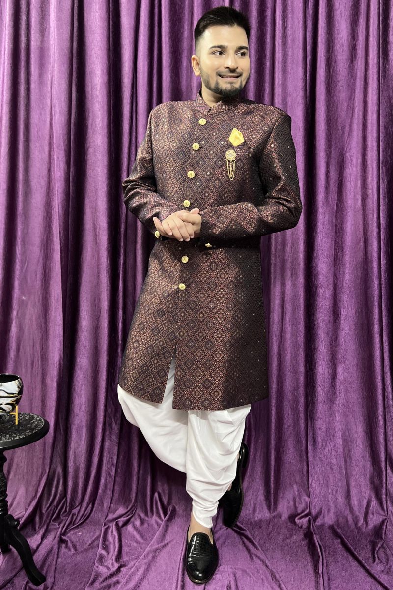 Jacquard Maroon Wedding Wear Readymade Lovely Peshawari Style Indo Western For Men