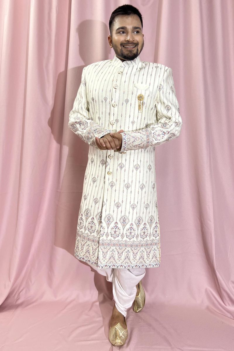 Cream Silk Fabric Graceful Readymade Men Sherwani For Wedding Wear