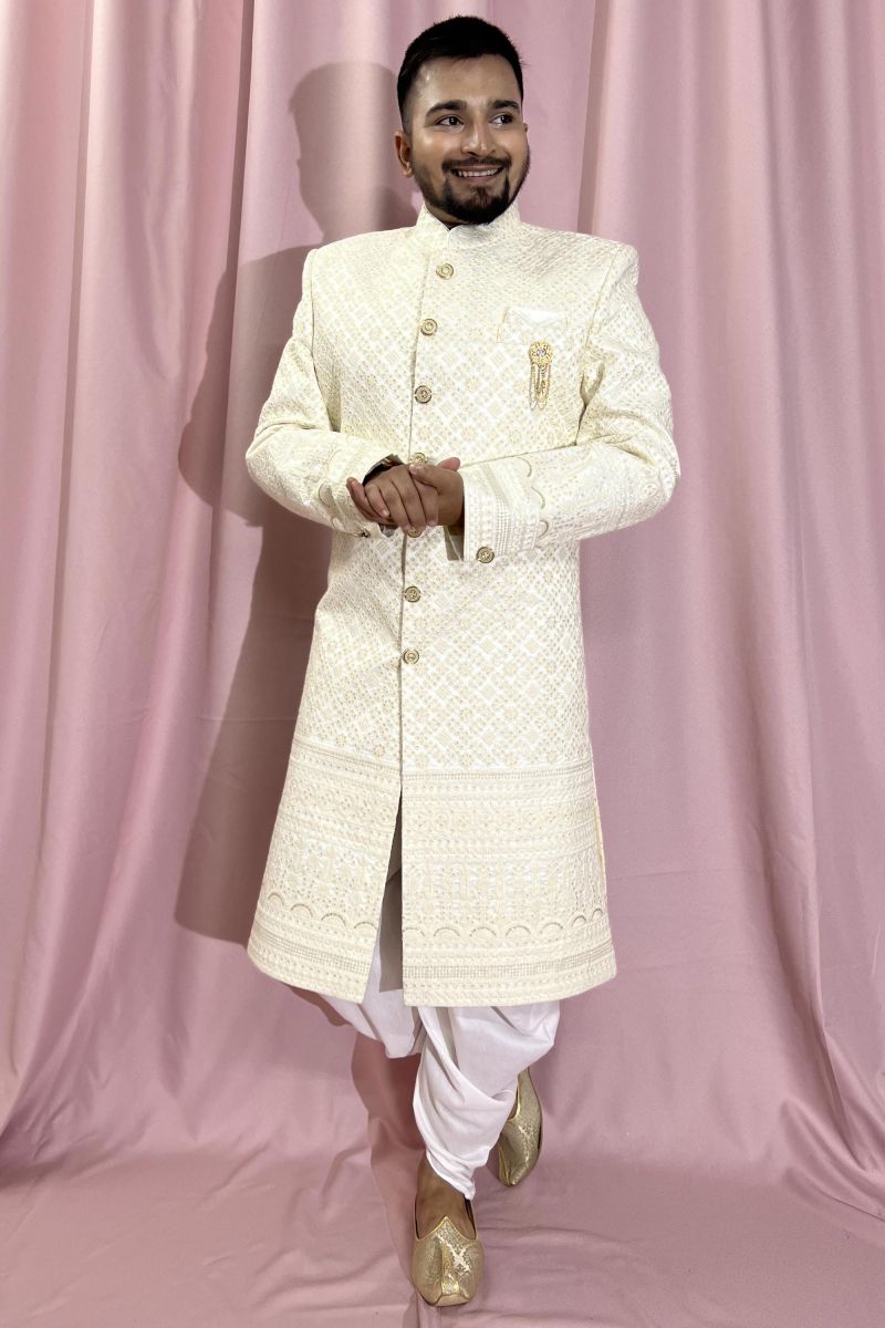 Silk Cream Magnificent Readymade Men Sherwani For Wedding Wear