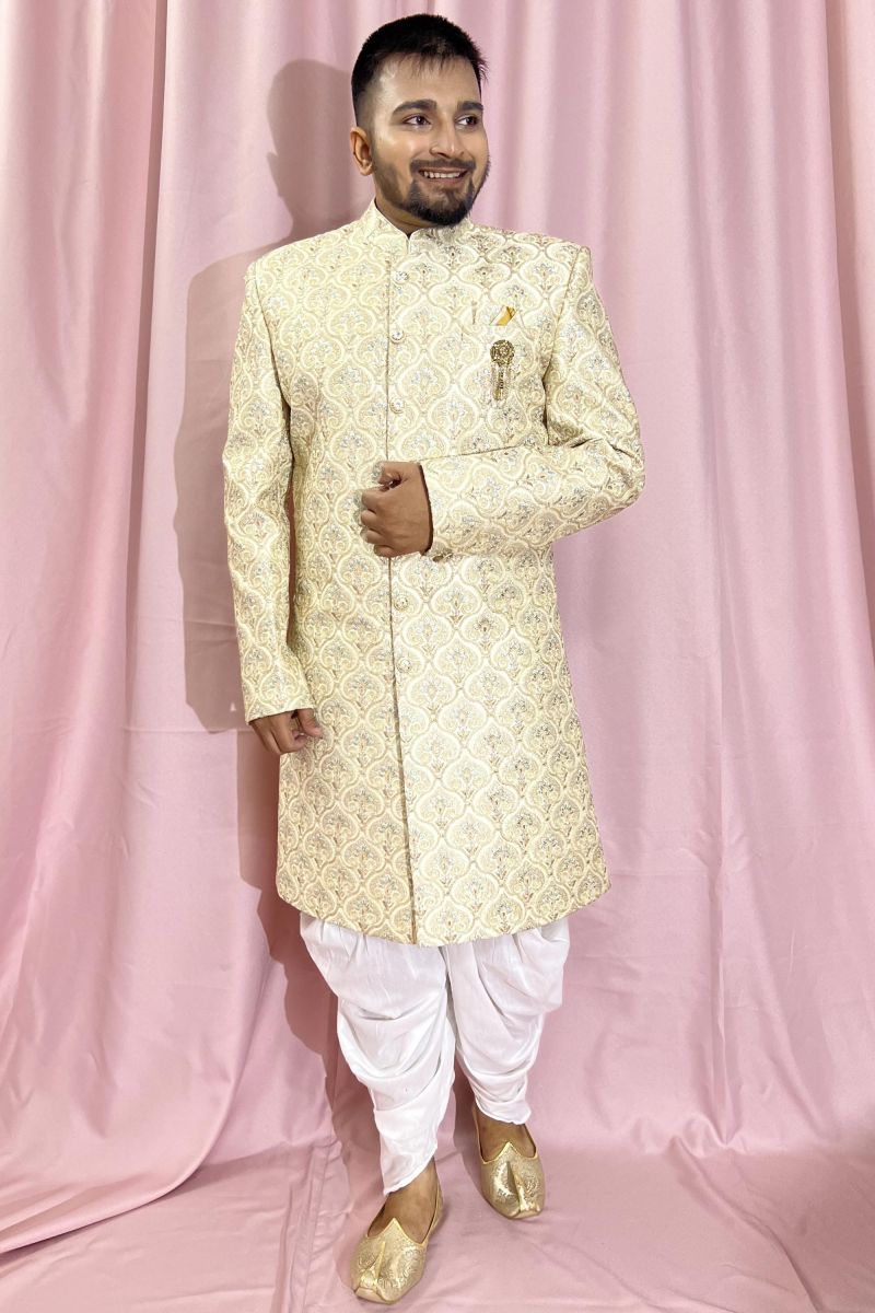 Beige Color Silk Fabric Heavy Embroidered Wedding Wear Designer Readymade Indo Western For Men