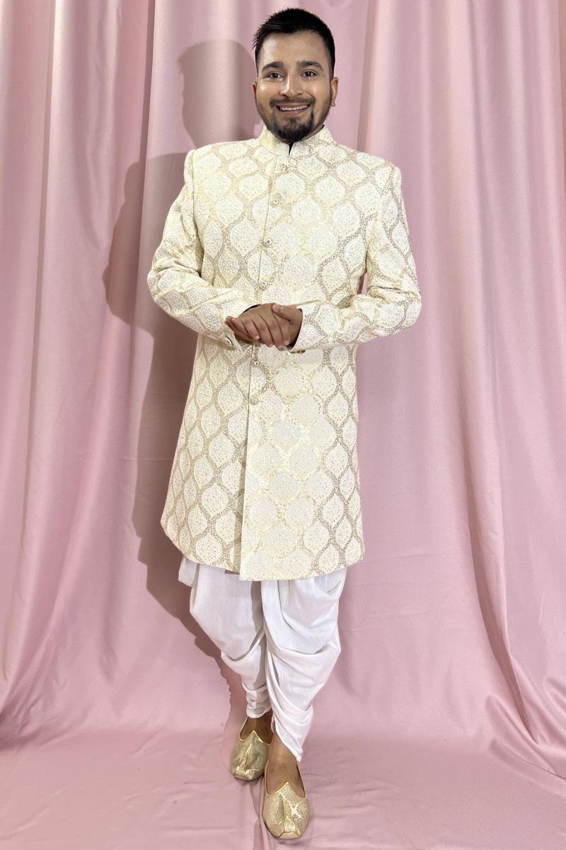 Heavy Embroidered Cream Color Wedding Wear Georgette Fabric Designer Readymade Indo Western For Men