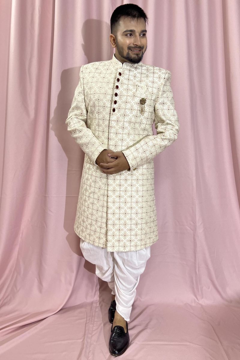 Silk Fabric Wedding Wear Readymade Indo Western For Men In Cream Color