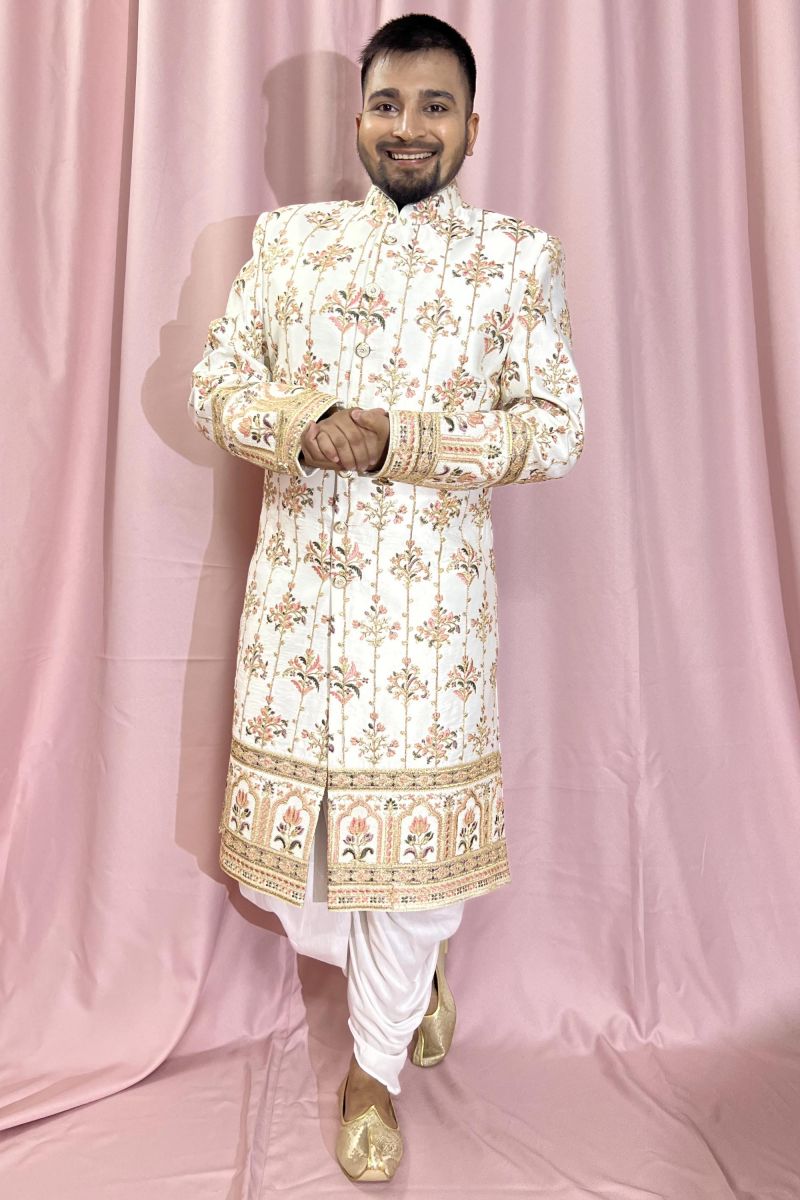 Silk Fabric Designer Heavy Embroidered Wedding Wear Readymade Sherwani For Men In Cream Color