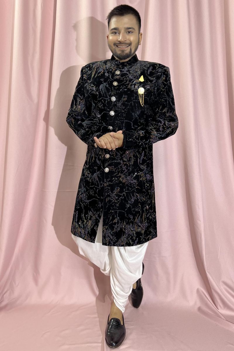 Black Velvet Fabric Wedding Wear Trendy Readymade Indo Western For Men