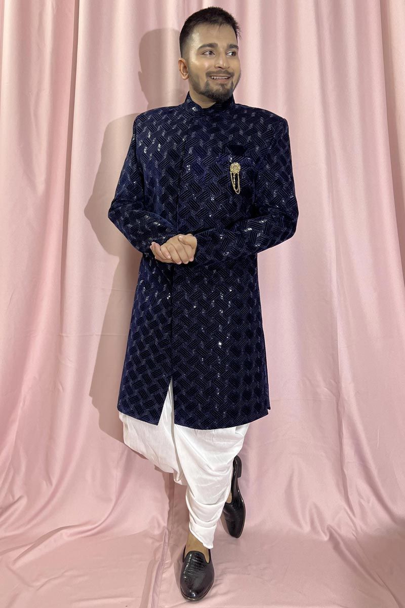 Velvet Stunning Blue Color Wedding Wear Readymade Men Indo Western