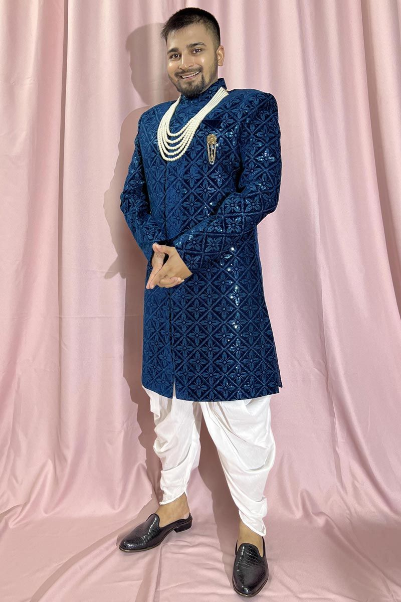 Pretty Velvet Fabric Wedding Wear Readymade Men Indo Western In Blue Color