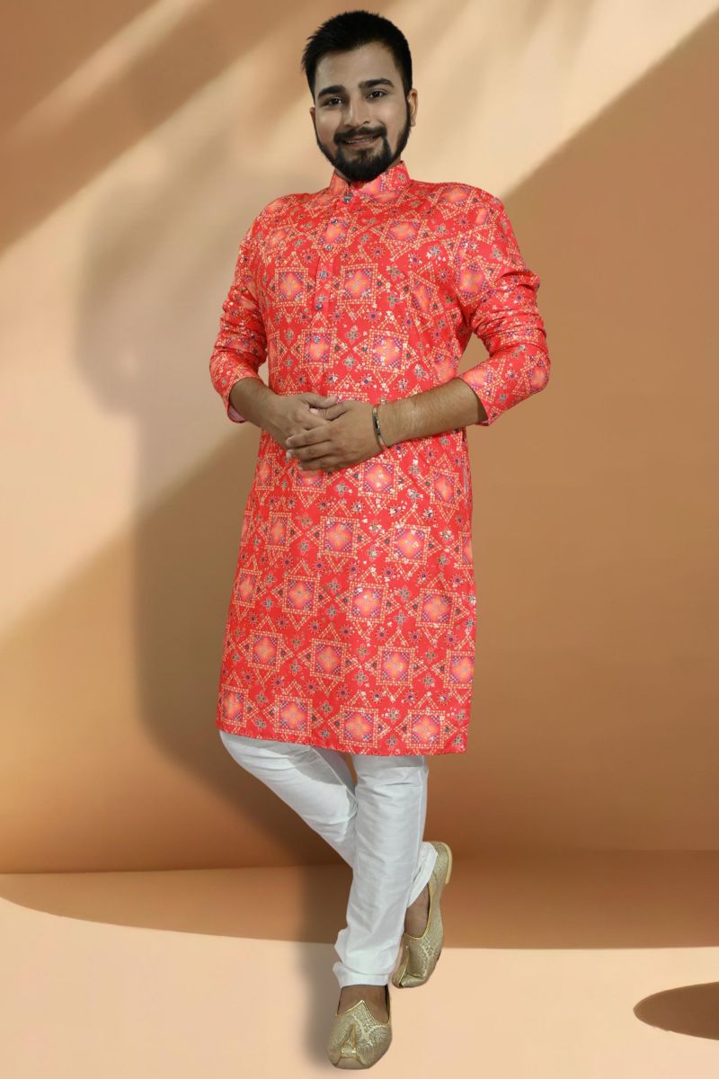 Red Cotton Graceful Readymade Men Kurta Pyjama