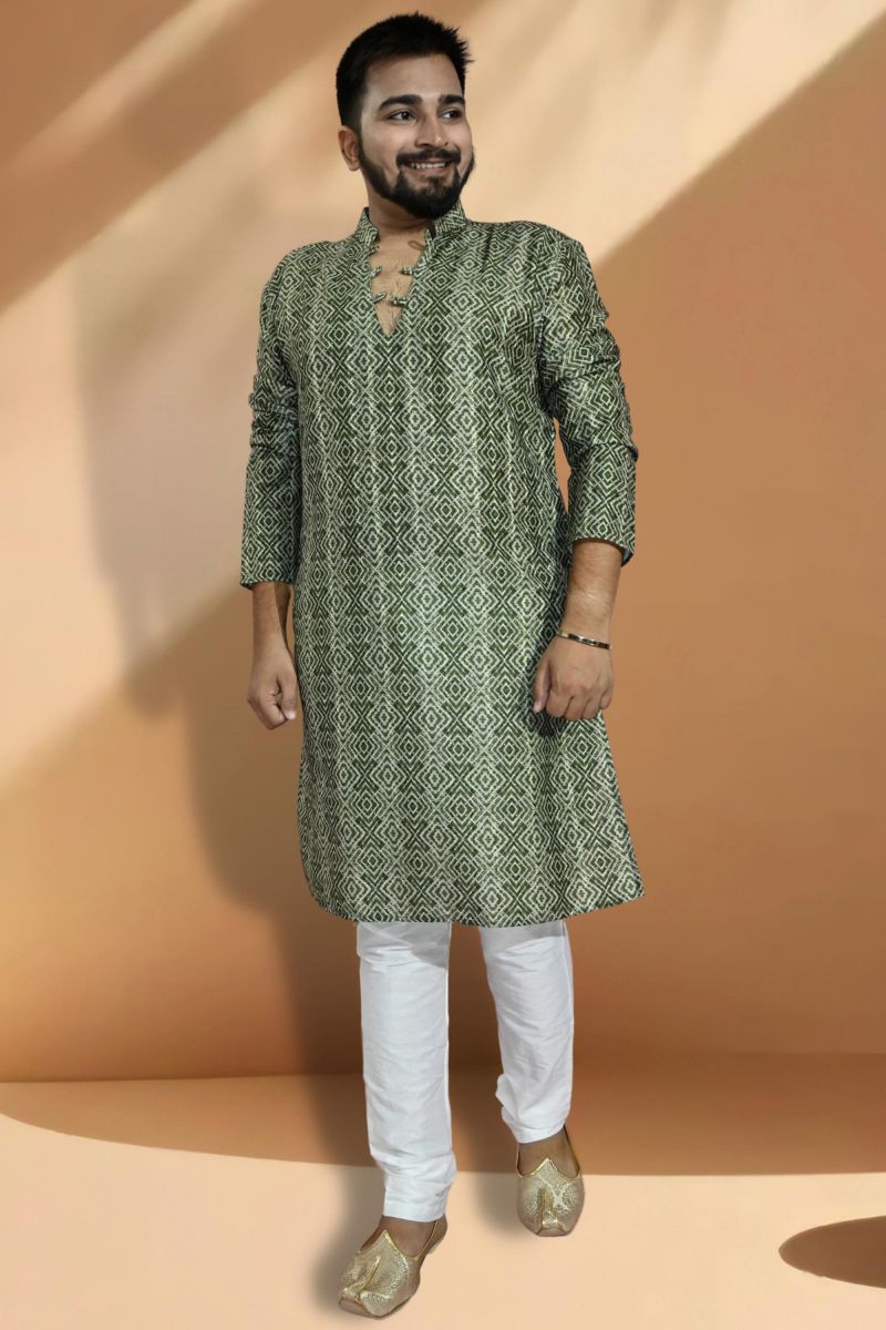 Jacquard Fabric Readymade Green Color Kurta Pyjama For Men