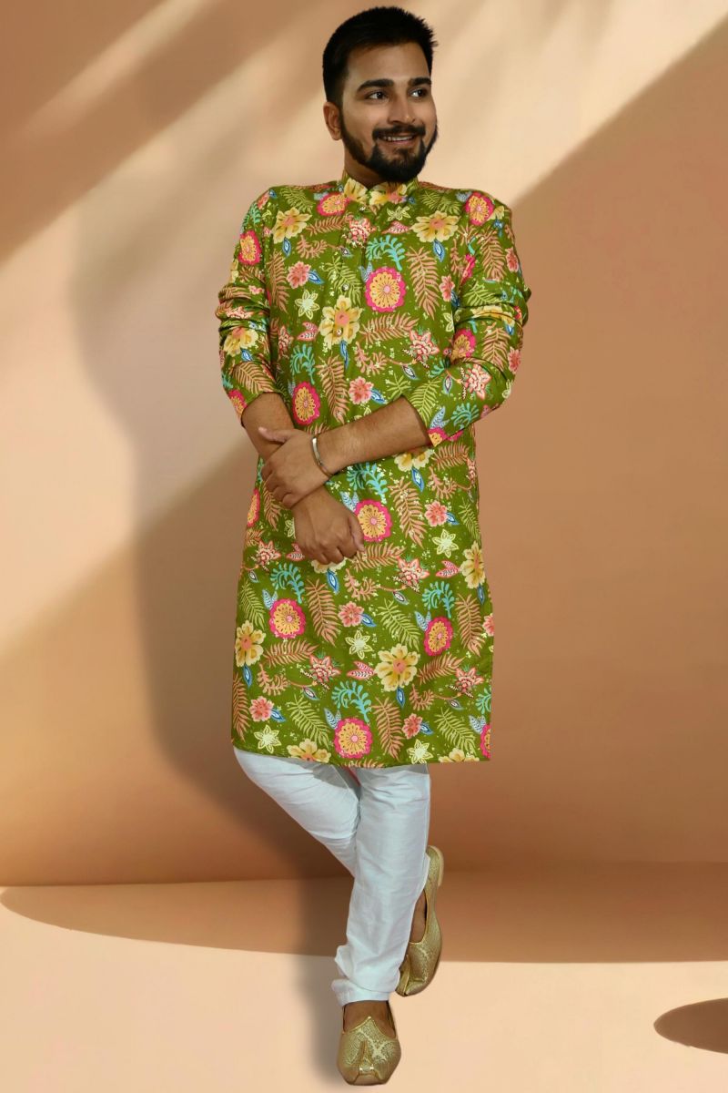 Cotton Green Color Readymade Kurta Pyjama For Men