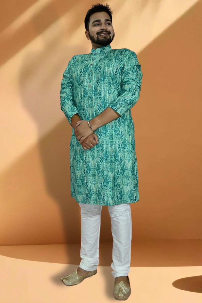 Sea Green Color Engaging Jacquard Fabric Readymade Kurta Pyjama For Men