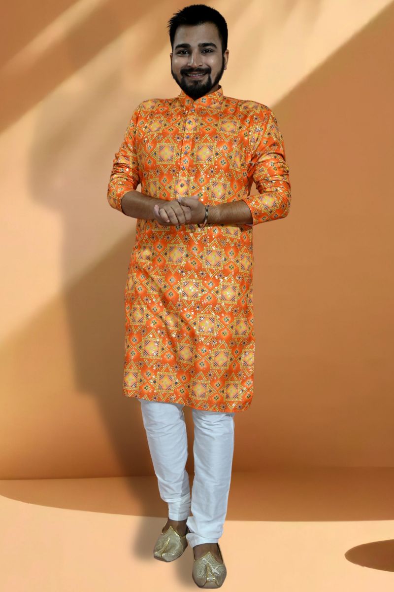 Orange Color Cotton Fabric Captivating Readymade Kurta Pyjama For Men