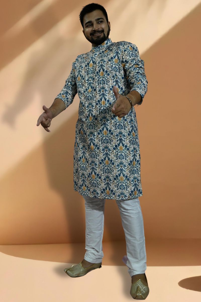 Teal Color Pretty Readymade Kurta Pyjama For Men In Jacquard Fabric