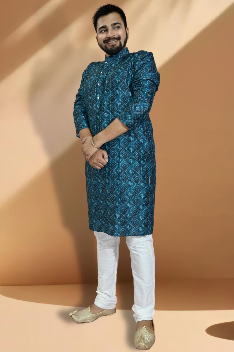 Beautiful Jacquard Fabric Readymade Kurta Pyjama For Men In Teal Color