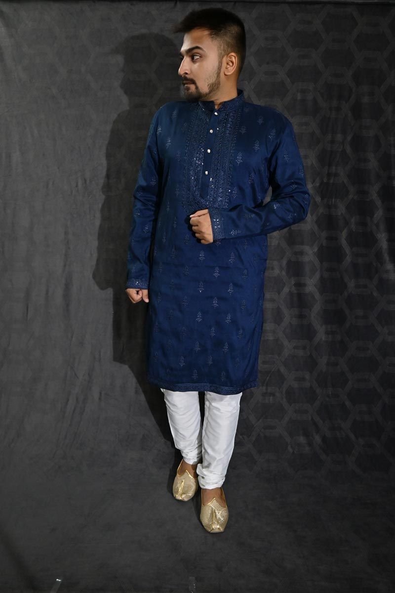 Reception Wear Attractive Sequins Embroidery Readymade Kurta Pyjama For Men In Blue Color Art Silk Fabric