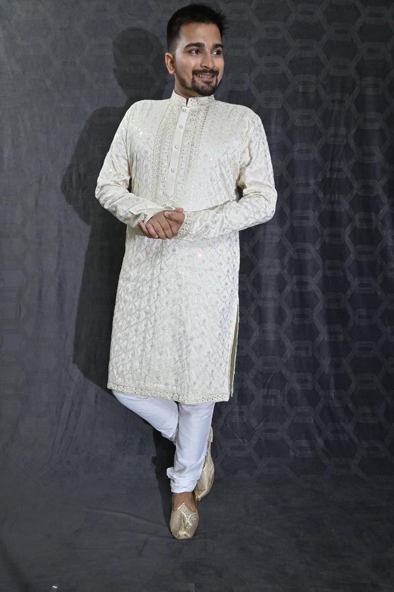 Sequins Embroidery Fancy Cream Color Art Silk Fabric Function Wear Readymade Kurta Pyjama For Men