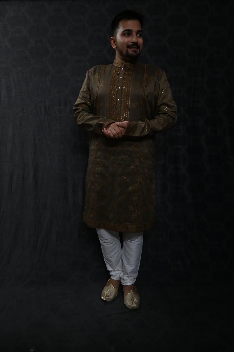 Brown Art Silk Fabric Sequins Embroidery Sangeet Wear Trendy Readymade Kurta Pyjama For Men