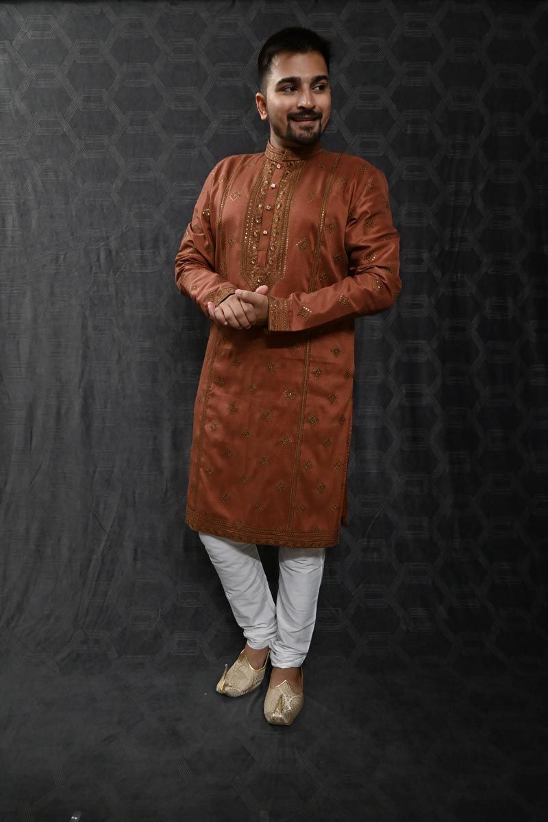 Art Silk Rust Color Wedding Wear Sequins Embroidery Readymade Designer Men Kurta Pyjama