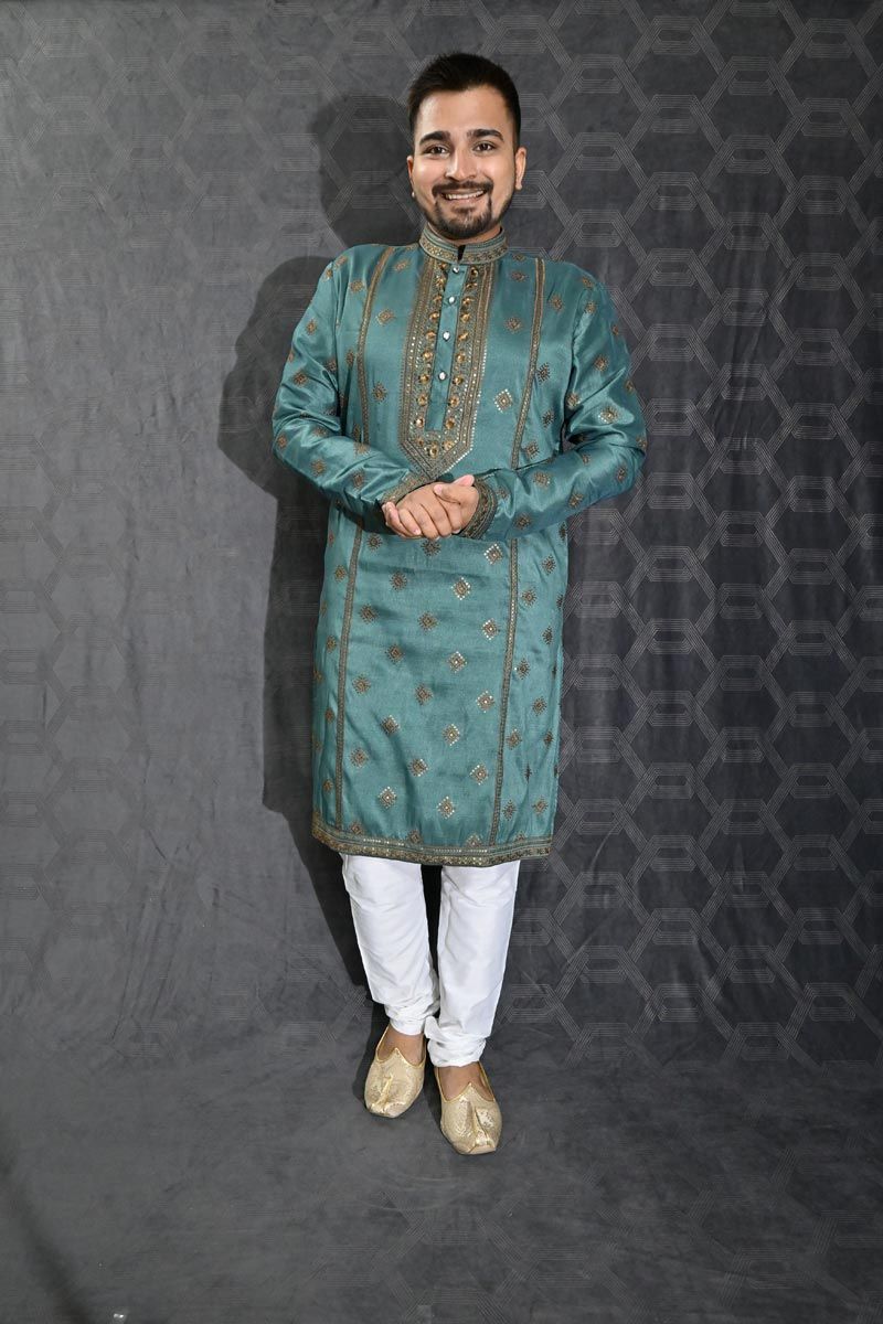 Sequins Embroidery Gorgeous Art Silk Fabric Reception Wear Readymade Kurta Pyjama For Men