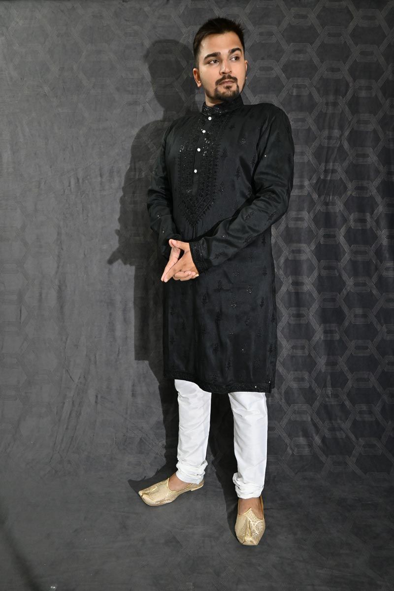 Stunning Sequins Embroidery Black Color Function Wear Readymade Men Kurta Pyjama