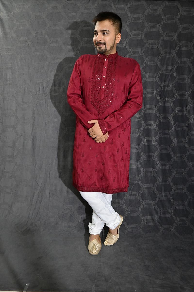 Festive Wear Readymade Lovely Sequins Embroidery Kurta Pyjama For Men