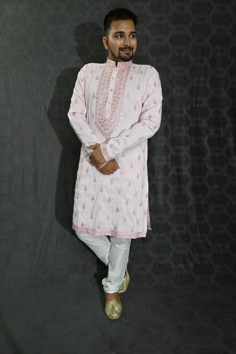 Sequins Embroidery Pretty Art Silk Fabric Sangeet Wear Readymade Men Kurta Pyjama In Pink Color