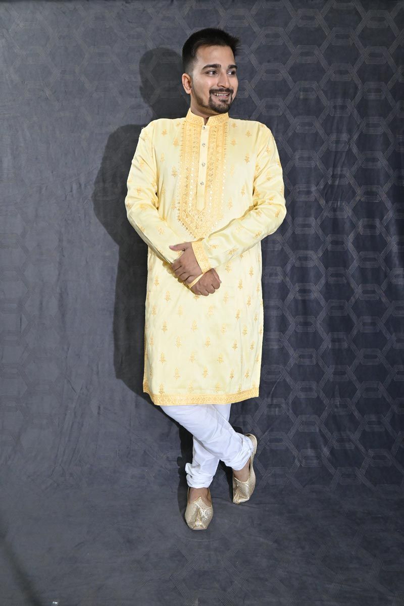 Beautiful Sequins Embroidery Yellow Color Wedding Wear Readymade Kurta Pyjama For Men In Art Silk Fabric