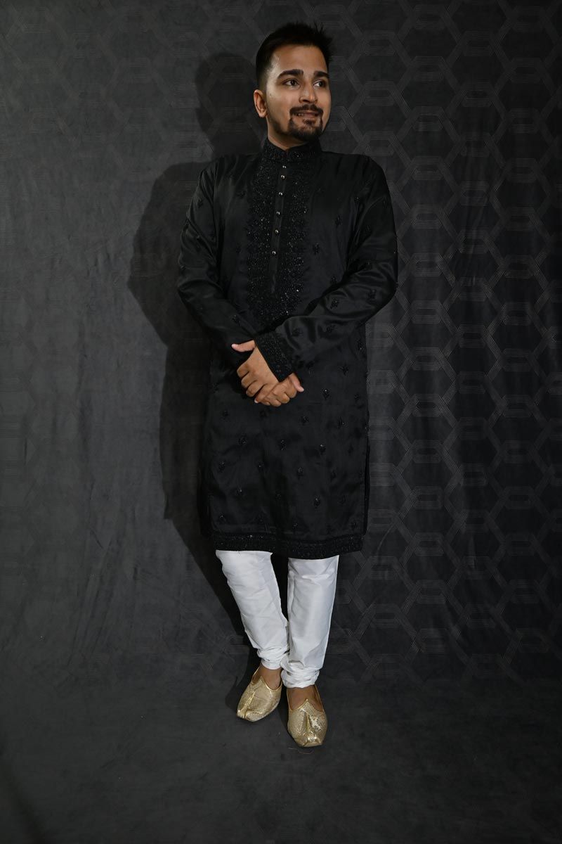 Reception Wear Attractive Sequins Embroidery Readymade Men Kurta Pyjama In Black Color