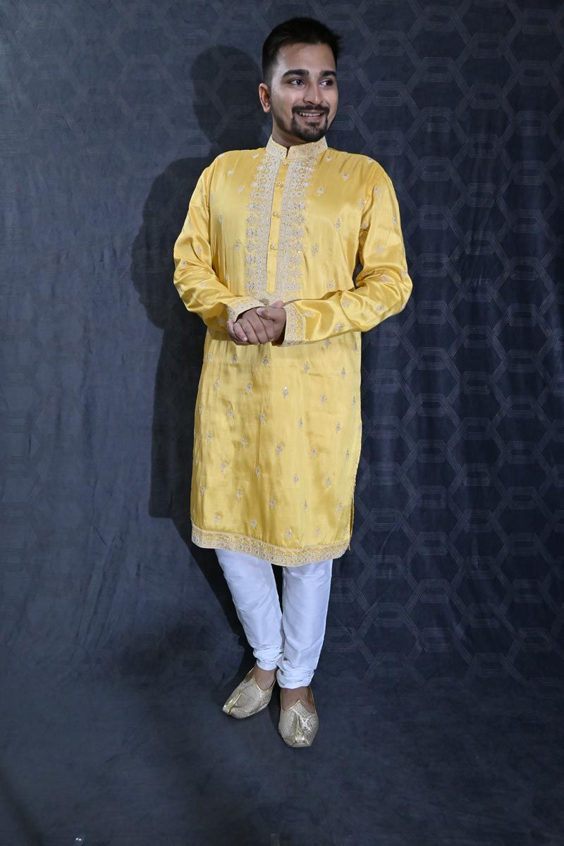 Function Wear Readymade Glamorous Sequins Embroidery Kurta Pyjama For Men In Art Silk Fabric