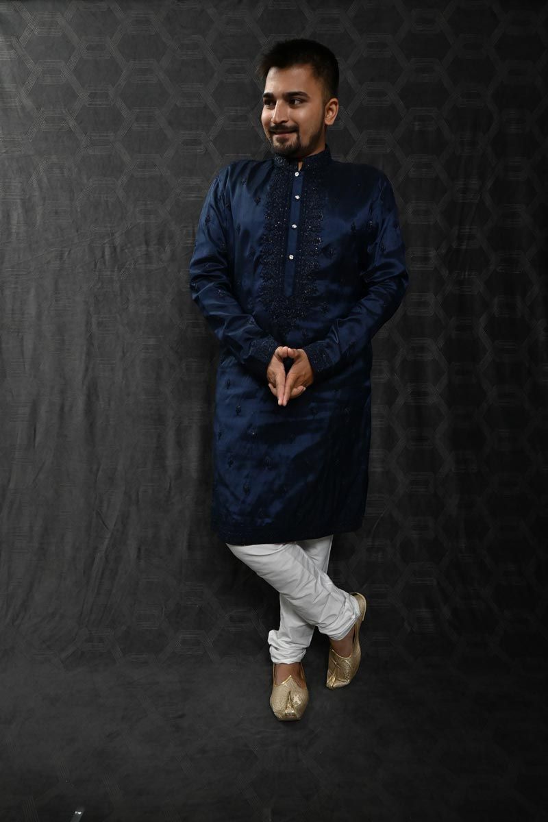 Sequins Embroidery Navy Blue Art Silk Graceful Readymade Men Kurta Pyjama For Festive Wear