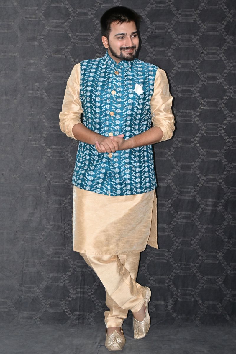 Art Silk Fabric Festive Wear Readymade Men Golden Color Kurta Pyjama With Blue Color Jacket