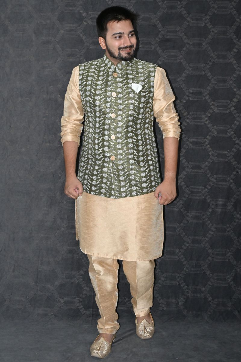 Art Silk Fabric Function Wear Readymade Men Golden Color Kurta Pyjama With Olive Color Jacket