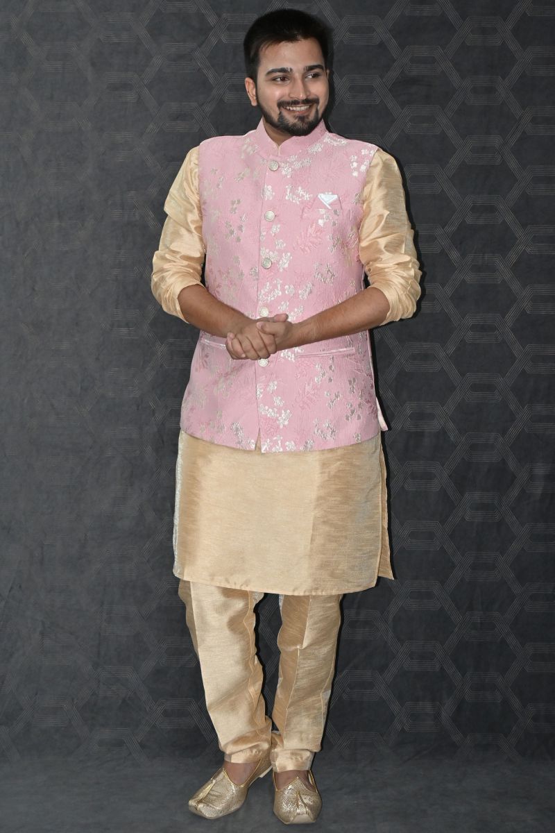 Art Silk Fabric 3 Piece Readymade Kurta With Pyjama And Pink Modi Jacket