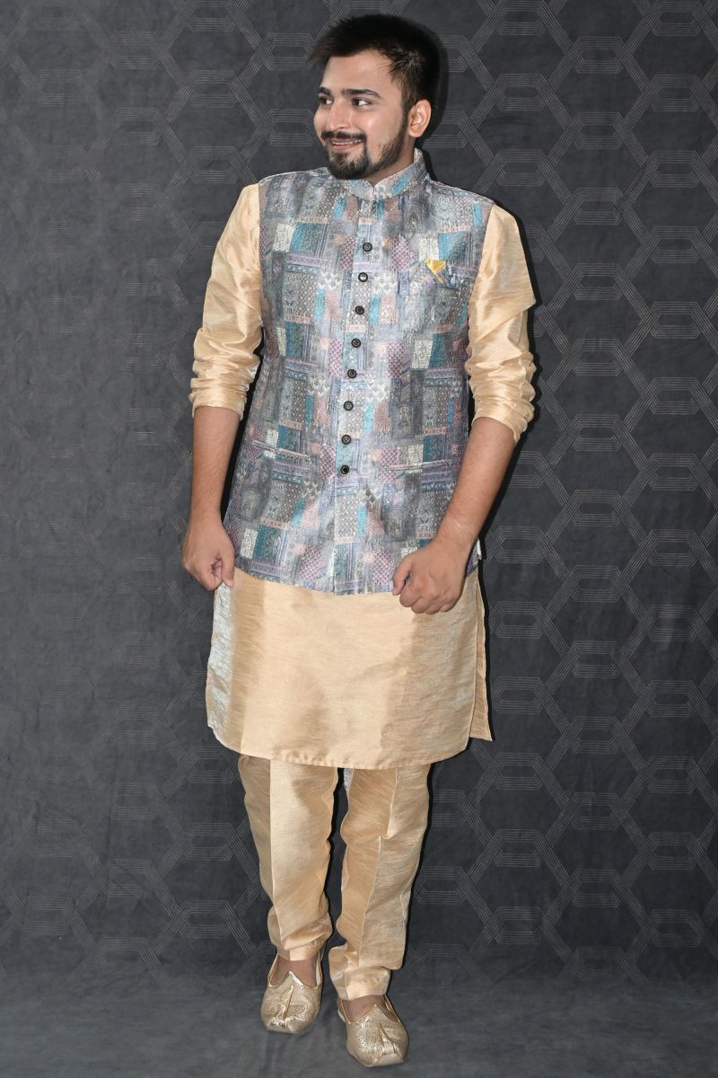 Art Silk Fabric Festive Wear Readymade Men Stylish Golden Color Kurta Pyjama With Grey Color Jacket set 