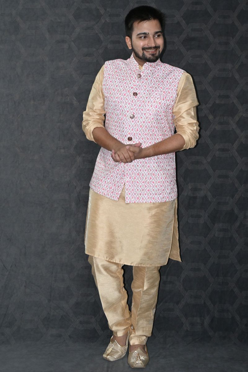 Art Silk Fabric Sangeet Wear Trendy Readymade Golden Color Kurta Pyjama For Men With Pink Color Jacket Set