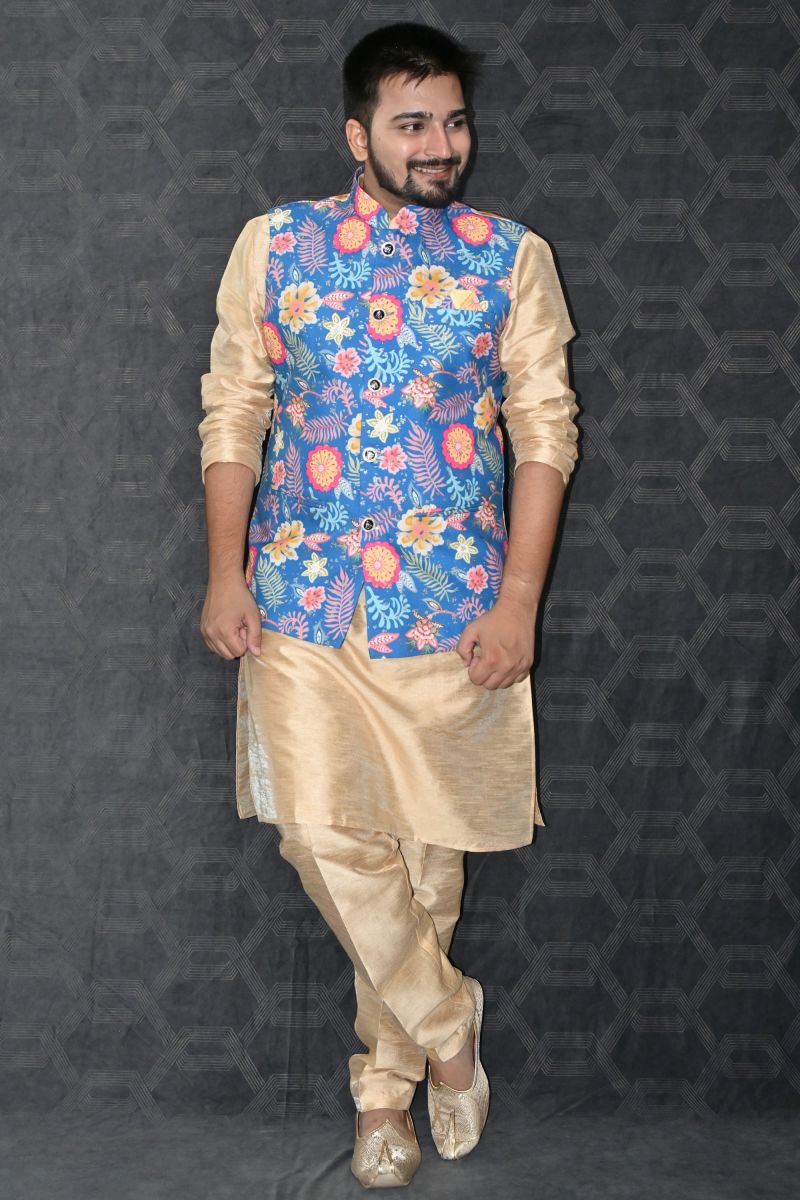 Art Silk Wedding Wear Readymade Designer Men Golden Color Kurta Pyjama With Blue Color Jacket