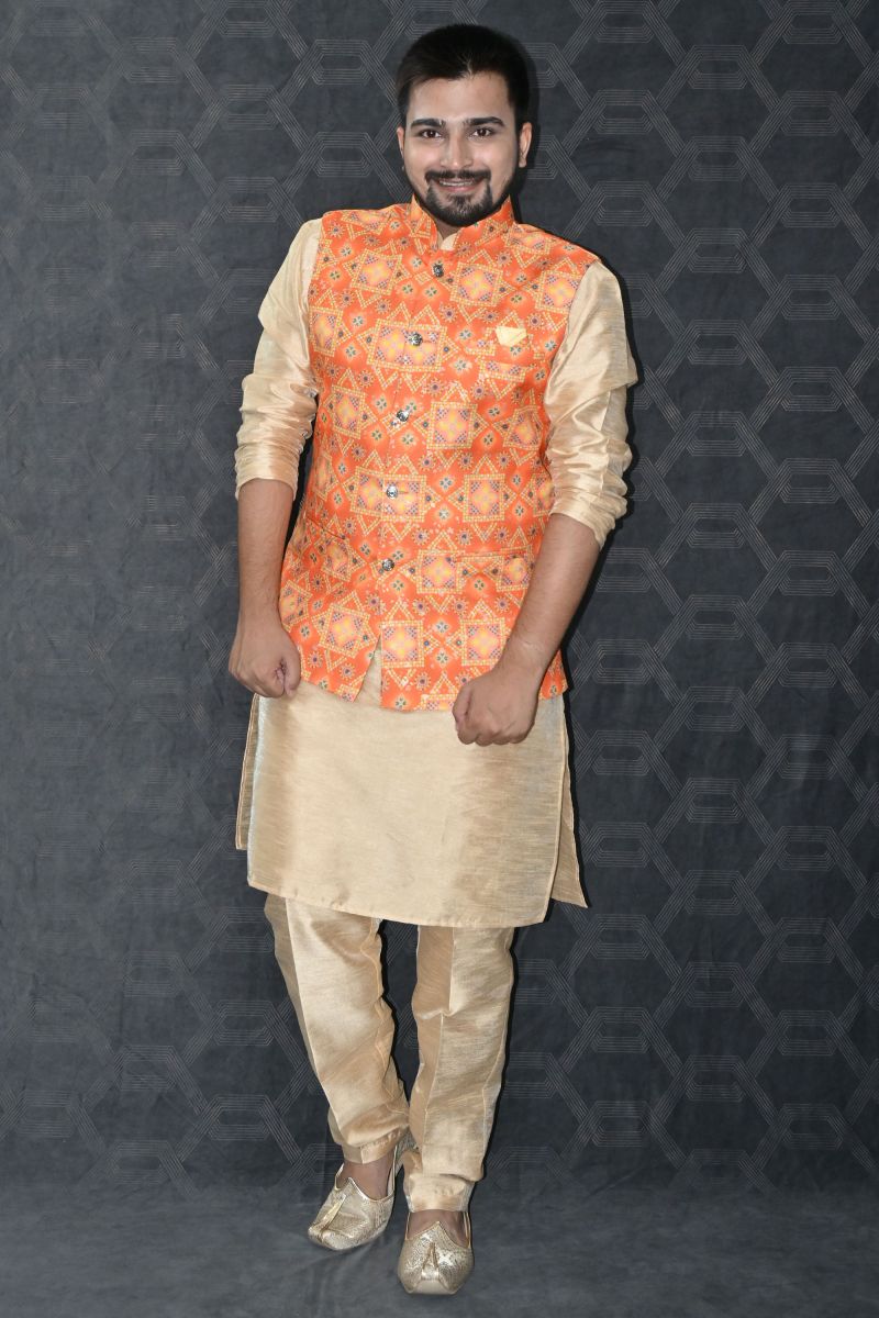 Gorgeous Art Silk Fabric Reception Wear Readymade Golden Color Kurta Pyjama For Men With Orange Color Jacket