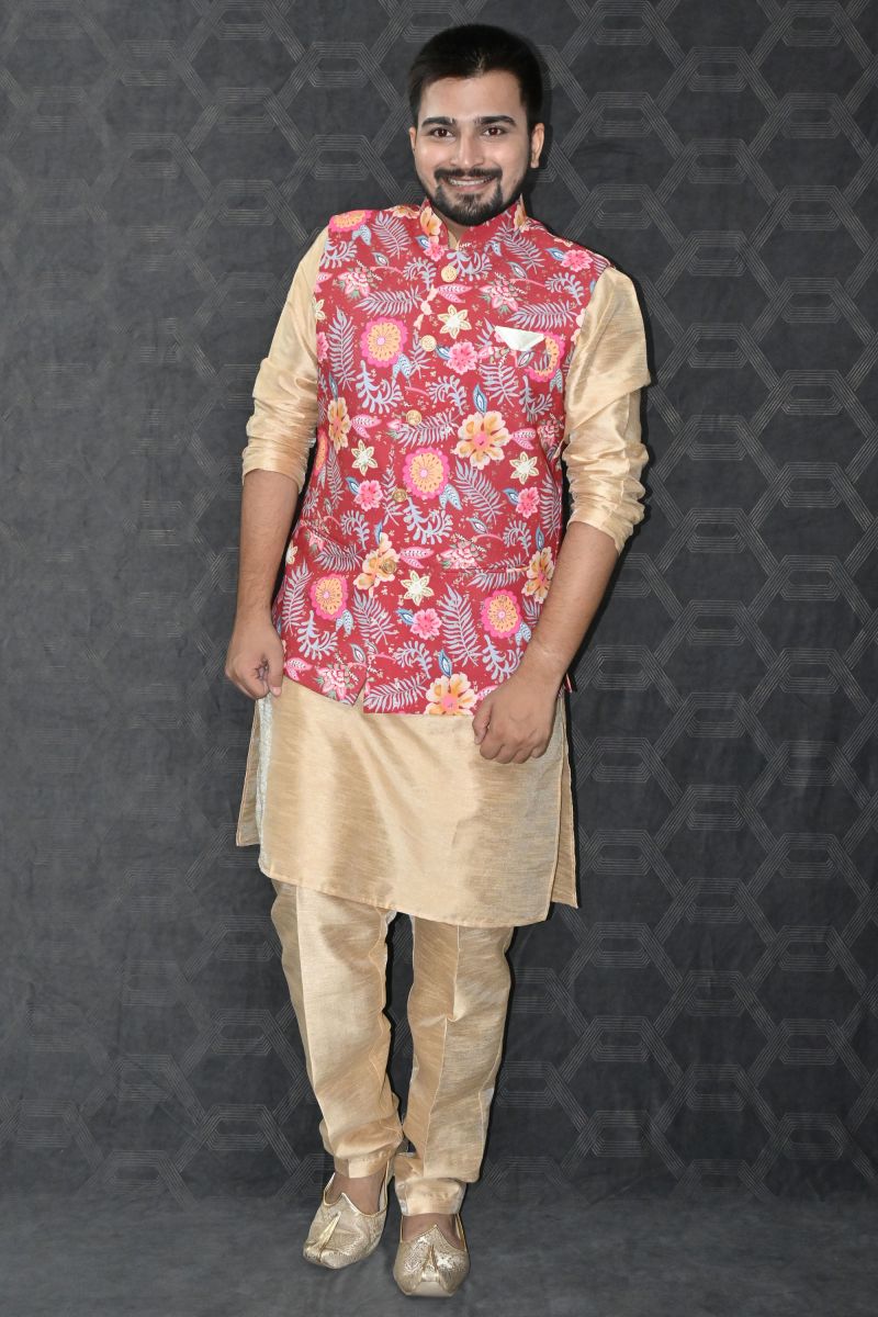 Art Silk Function Wear Readymade Men Golden Color Kurta Pyjama With Red Color Stunning Jacket