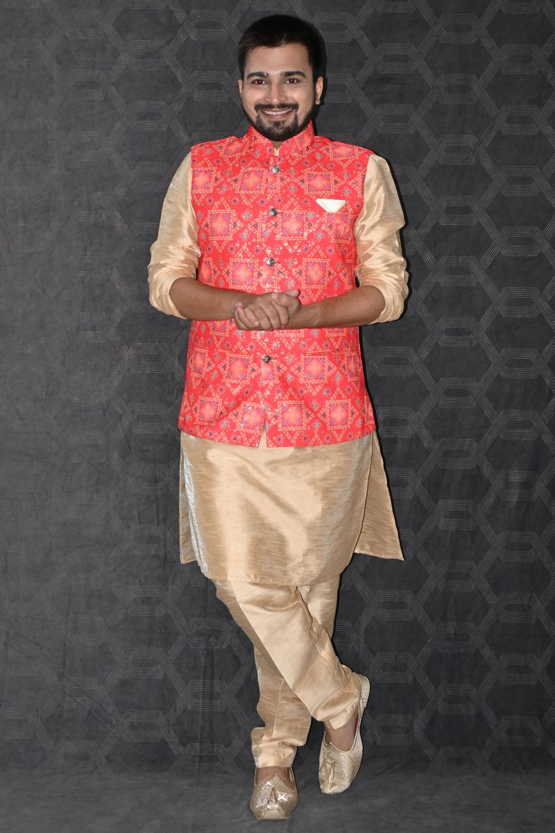 Festive Wear Art Silk Readymade Lovely Golden Color Kurta Pyjama For Men With Red Color Jacket