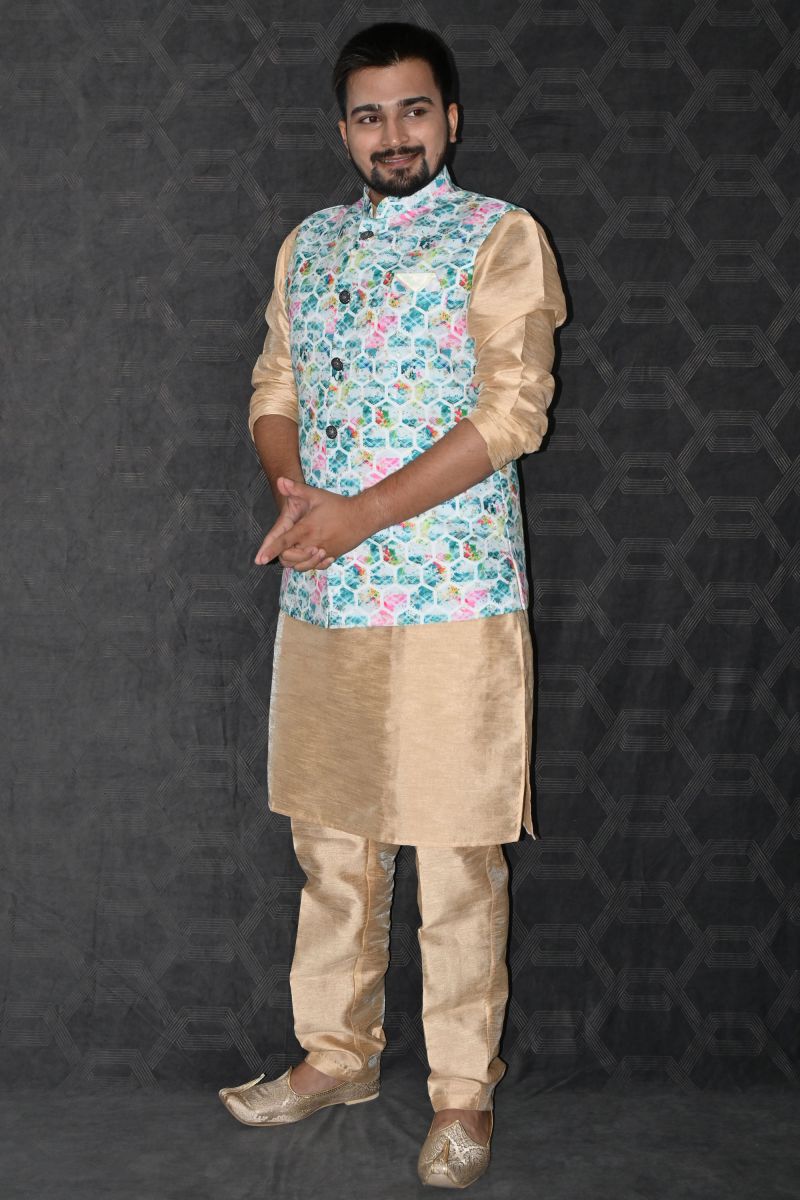 Gorgeous Art Silk Fabric Function Wear Readymade Golden Color Kurta Pyjama For Men With Blue Color 3 Pcs Jacket Set