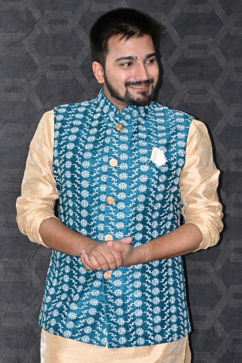 Art Silk Festive Wear Readymade Men Blue Jacket