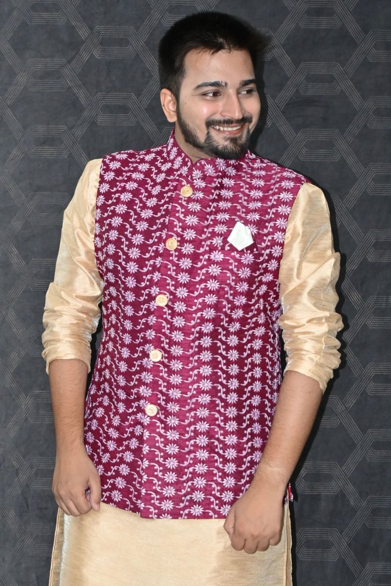 Sangeet Wear Readymade Men Maroon Jacket In Art Silk 