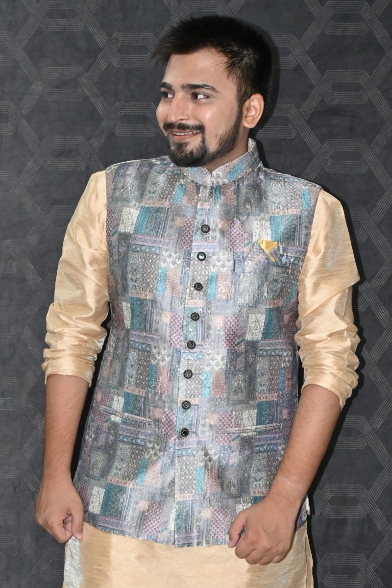 Art Silk Festive Wear Readymade Men Stylish Grey Jacket 