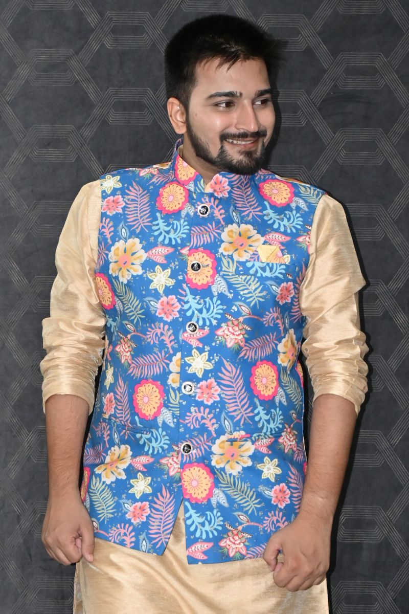 Cotton Wedding Wear Readymade Designer Men Blue Jacket