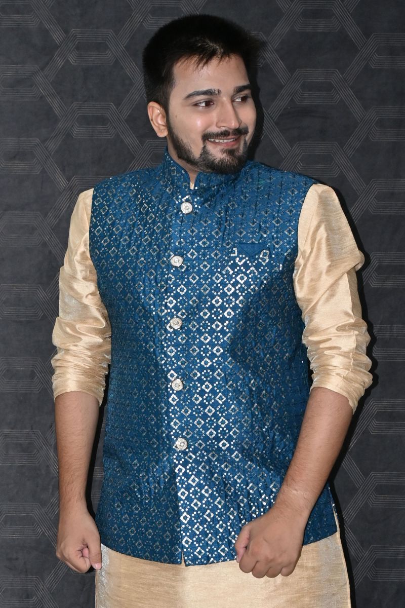 Men Ethnic Art Silk Readymade Blue Jacket