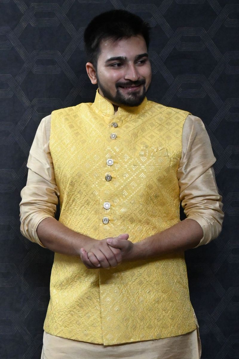 Art Silk Sangeet Wear Trendy Readymade Men Yellow Jacket