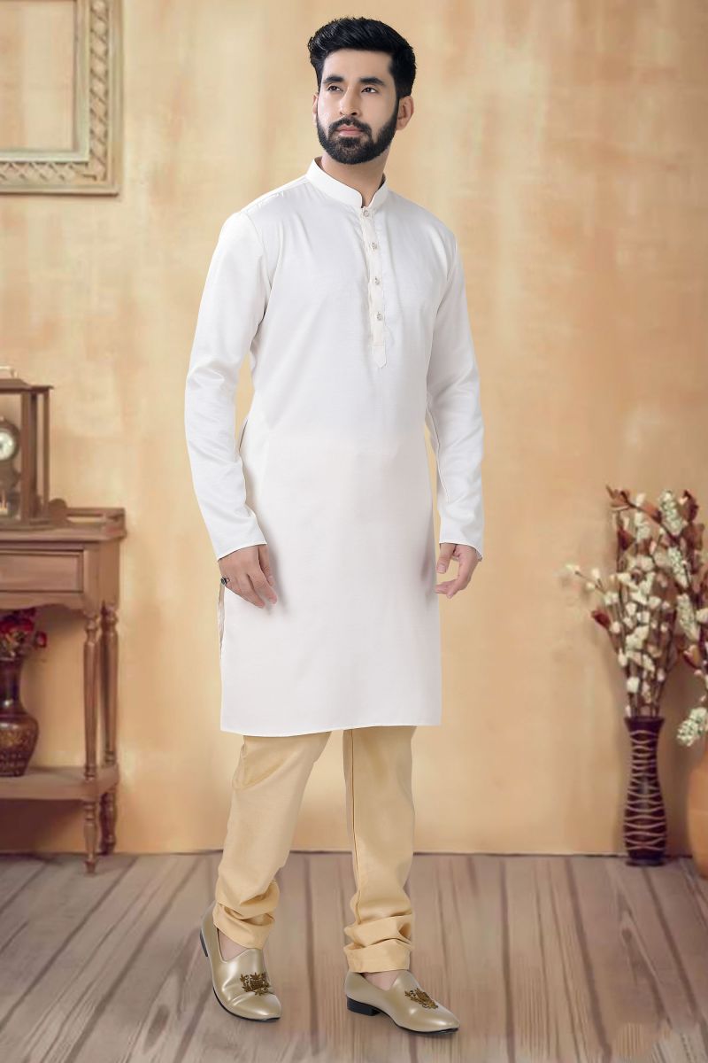 Cotton Function Wear Readymade White Color Kurta Pyjama For Men